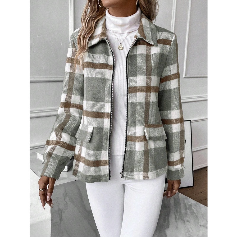 gray tan Plaid Print Zip Up stand collar preppy - Picture 3 of 5